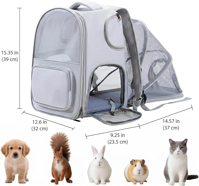 Interactive Expandable Pet Carrier Backpack for Cats & Small Dogs-Interactive Opening Pet Tent Backpack. Expandable for Extra Space.Breathable,Foldable Nest Bed for Travel, Walks,Vet & Home-Gray