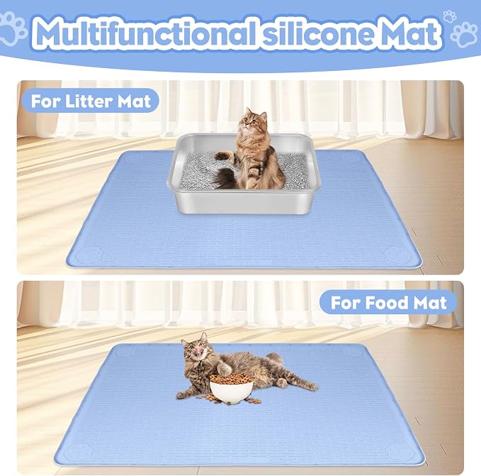 Silicone Cat Litter Mat for Litter Box 40”x28” Large Cat Mat, Blue | Waterproof, Non-Slip, Leak-Proof Rug Mat with Lip, Easy to Clean, Extra Large Litter Catcher Mat for Floor