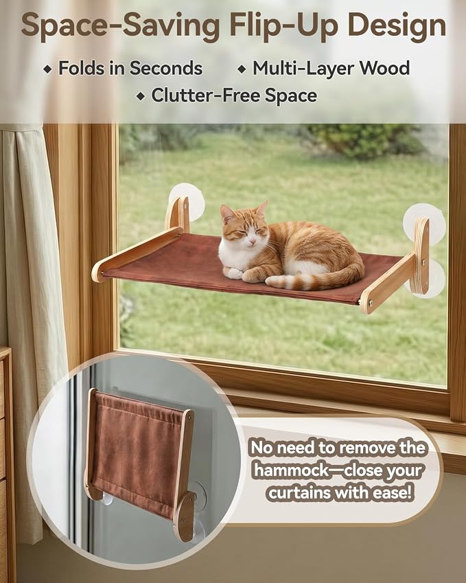 JKXJKX Foldable Cat Window Perch - 44Lbs Heavy Duty Hammock with Strong Suction Cups & Wooden Frame, Space Saving Kitty Bed Seat for Large Indoor Cats