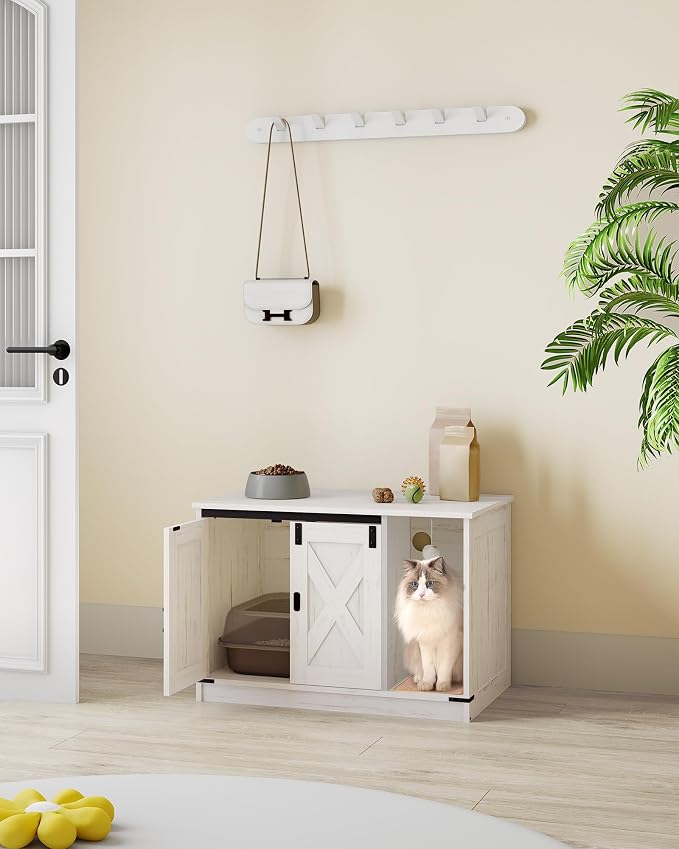 Hzuaneri Cat Litter Box Enclosure, Hidden Litter Box Cabinet Furniture | Indoor Cat House with Bell, Farmhouse Style, 31.5 x 19.7 x 20.9 Inches, for Hallway, Bedroom, White CB82414B