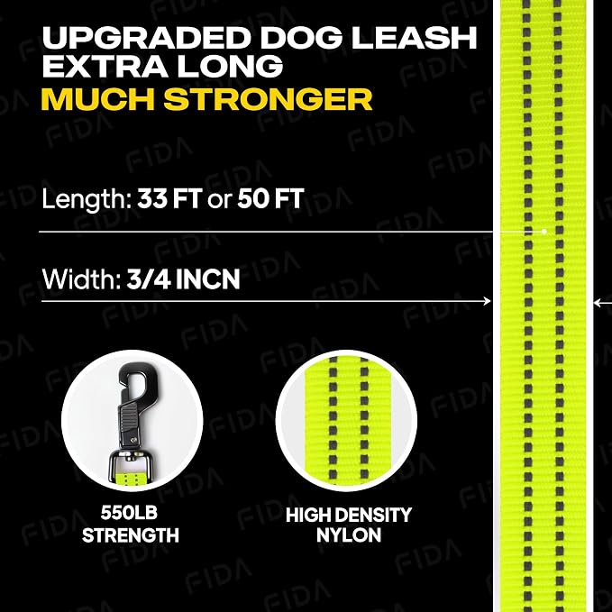 Fida Obedience Recall Training Agility Lead, 30FT Long Dog Leash, Yellow | 33FT & 50FT, Traffic Handle, Soft Padded, Reflective for Night Safety, Durable Nylon Dog leash for Small Medium Large Breeds