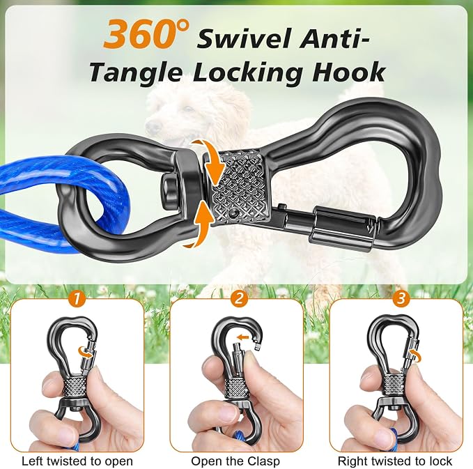 30FT Dog Tie Out Cable Lead with Shock Spring for Medium Large Dogs | Shock-Absorbing; 500LBS Tensile Strength; Strong Stainless Steel Core; 360° Swivel Locking Hook; Anti-Rust Vinyl Coating
