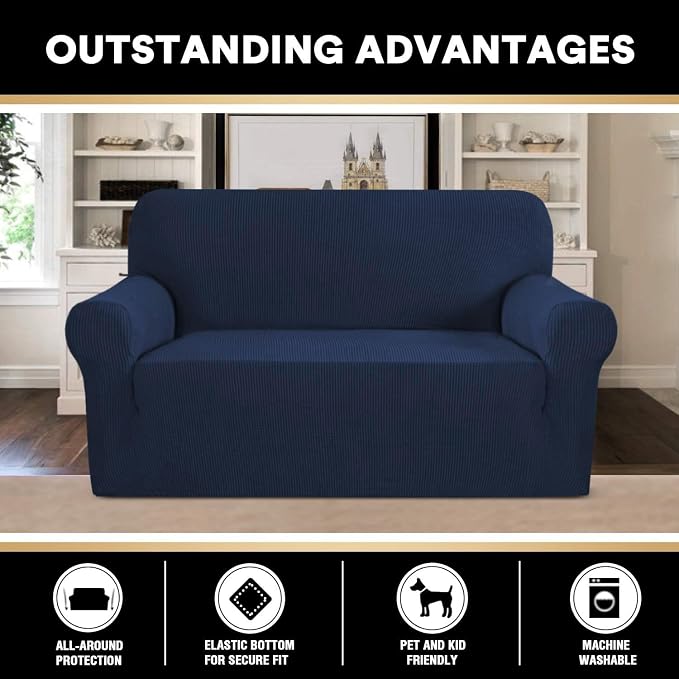 Stretch Loveseat Sofa Cover Slipcover Couch Cover for 2 Cushion Sofa Washable Sofa Cover for Pets Friendly Furniture Protector Covers with Non Slip Bottom(Loveseat, Navy)