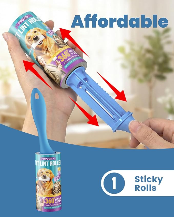 POPCHOSE Lint Roller for Pet Hair Extra Sticky, 90 Sheets with 1 Handles | Dog and Cat Hair Remover for Clothes, Furniture, Couch, Lint Roller for Carpet