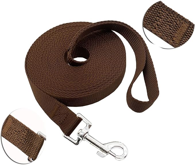 Nylon Training Dog Leash for Small Medium Large Dogs, 15ft 20ft 30ft 50ft Long Leash Dog/Puppy Lead for Obedience Recall Training, Camping (1" x 15ft, Brown)