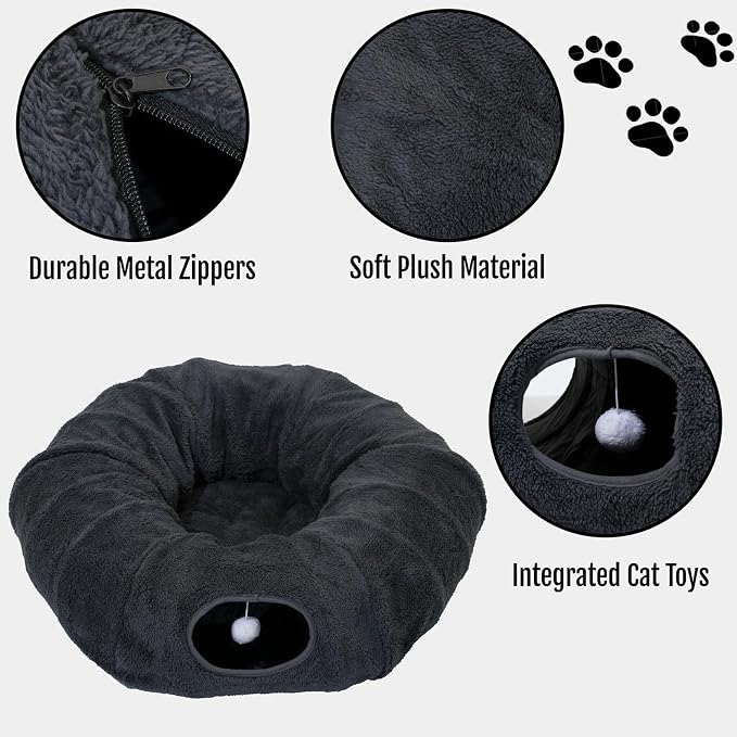Cat Tunnel Bed with 2 Catnip Fish Toys (1000mg Natural Catnip) Interactive Cat Toys, Cat Tubewith Kitten Toys for Indoor Kittens, Collapsible Play Tunnel, Dark Grey
