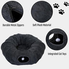 Cat Tunnel Bed with 2 Catnip Fish Toys (1000mg Natural Catnip) Interactive Cat Toys, Cat Tubewith Kitten Toys for Indoor Kittens, Collapsible Play Tunnel, Dark Grey