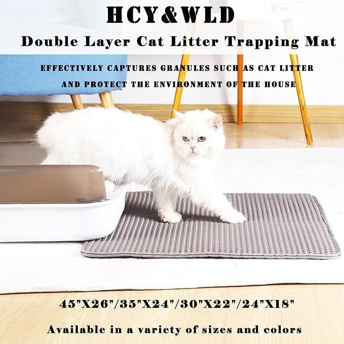 HCY&WLD Cat Litter Mat, Honeycomb Double Layer Litter Trapping Mat | Safe Materials, Soft on Paws, Waterproof Urine Proof Non-Slip, Protects Floors, Less Waste, Easy to Clean, Gray, 35" x 24"