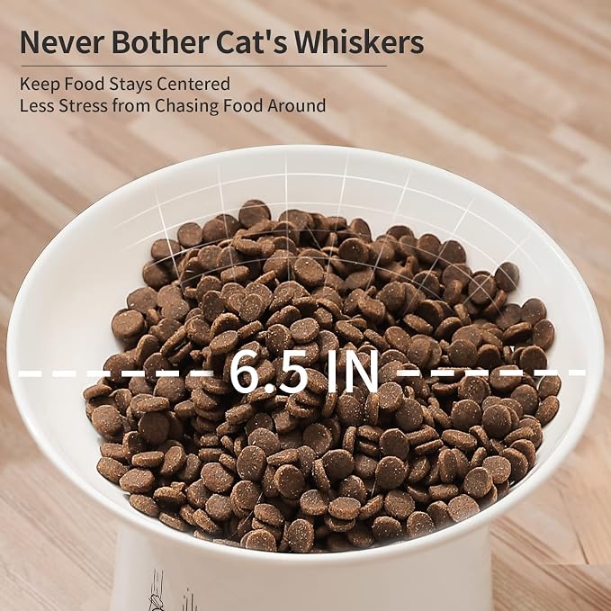 6.5 Inch Ceramic Raised Cat Bowls, Extra Wide Elevated Cat Food Water Bowl | Prevent Neck, Whisker Fatigue, Anti Vomit, for Elder Big Cats & Small Dogs, Dishwasher and Microwave Safe, White