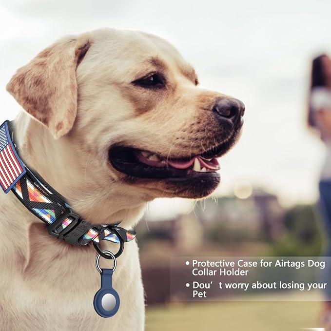 DAGANXI Tactical Dog Collar, Adjustable Military Training Nylon Dog Collar with Control Handle and Heavy Metal Buckle for Medium and Large Dogs, with Patches & Airtags Case (M, Colorful Triangle-Set)