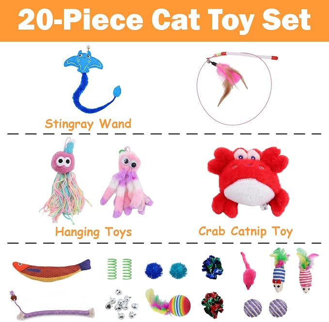 20 Pcs Cat Wrestling Glove Toy, Interactive Cat Toys for Indoor Cats | Cat Puppet, Hand & Arm Protection, Bunny-Kick Instinct, 3 Layer Shock-Absorbing 3D Mesh, Shark-Shaped