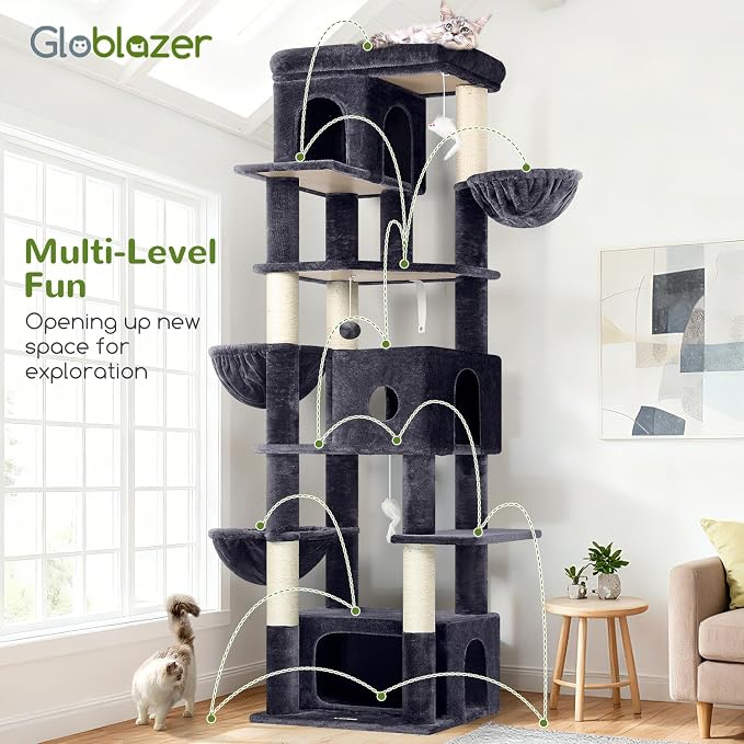 Globlazer Large Cat Tree, 80in Tall Climbing Tower, F80F, Dark Grey | Multi-Level Cat Scratching Tower for Indoor Multiple Large Adult Cats Kittens with 3 Cat Caves, 3 Hanging Baskets