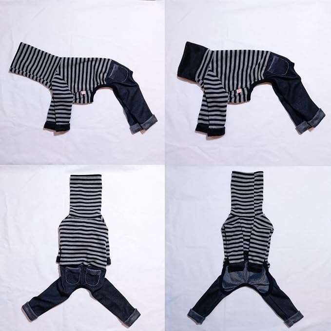 D Doggy Star Italian Greyhound Clothes Stripe Fleece Stretchable Denim Onesie Whippet for Dog Turtleneck Outfits Coat (3XL,Denim Black)
