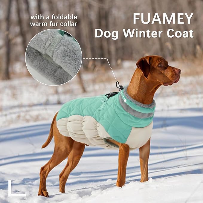 FUAMEY Dog Coat for Small Dogs, Fleece Dog Winter Jacket with Harness | Puppy Cold Weather Coats Reflective Pet Puffer Vest with Zipper Water-Resistant Warm Dogs Snowsuit Windproof Mint Green XS