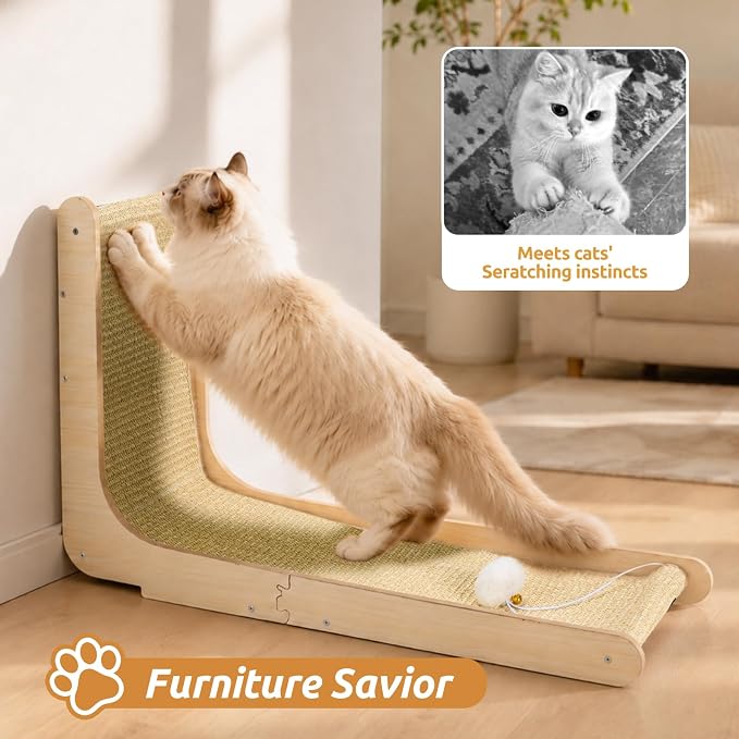 26.8" Sisal Cat Scratchers with Bell Plush Balls,Wooden Furniture | L Shaped Scratching Post for Indoor Cats,Vertical Cat Scratcher Board Natural Sisal Scratcher Pad to Protect Furniture