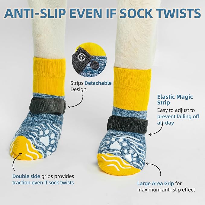 PUPTECK Anti Slip Dog Socks, Shoes with Grippers to Prevent Licking Hardwood Floors Traction, Rubber Boots & Paw Protectors for Small Medium Large Dogs Cold/Hot Pavement, Senior Dogs Booties Blue