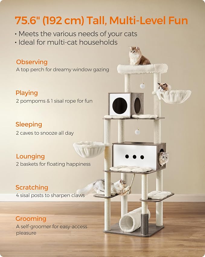 Feandrea Cat Tree, 75.6-Inch Modern Cat Tower, Tall Multi-Level Condo with 2 Caves, 2 Hammocks, 4 Scratching Posts, Self-Groomer, Tunnel, Perch, Heather Greige UPCT193G01