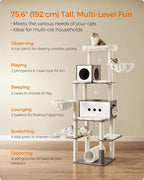 Feandrea Cat Tree, 75.6-Inch Modern Cat Tower, Tall Multi-Level Condo with 2 Caves, 2 Hammocks, 4 Scratching Posts, Self-Groomer, Tunnel, Perch, Heather Greige UPCT193G01