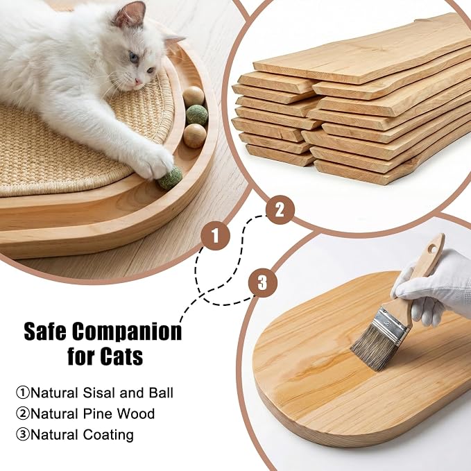Sisal Cat Scratcher Toy with Ball Track, Natural Scratching Pad | Wooden Cat Toy with Non-Slip Base, For Indoor Cats, Suitable for Kittens and Medium Cats, No Assembly Required