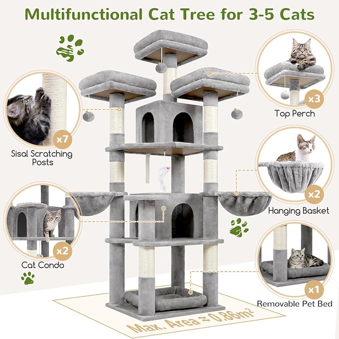 Globlazer Big Cat Tower for Indoor Cats, 68 inch Cat Tower for Multiple Adult Cats XL Cat Tree with Scratching Post, 3 Perches, 2 Condos, 2 Basket, Removable Pet Bed, F68B, Light Grey