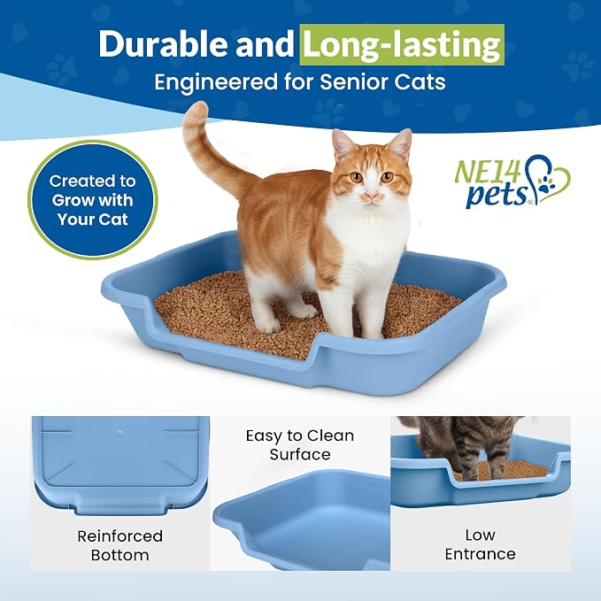 KittyGoHere Senior Cat Litter Box, Large with Jumbo Scoop, Little Boy Blue | Open Top Low Entrance Kitty Litter Box With Long-handle Jumbo Scoop, Lightweight Low Entry Litters Box, Durable, Made in USA