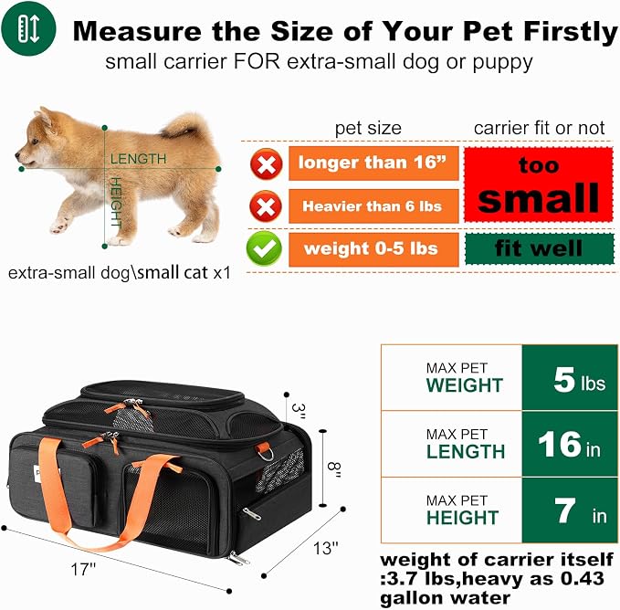 pidipiti 17x13x8 Soft-Sided pet Carrier,for 1 Extra-Small Dog/Small cat | top Expandable,TSA Approved,for Frontier Allegiant Breeze Airlines ,with 2 pockets,zipper lock,leakproof,good Visibility