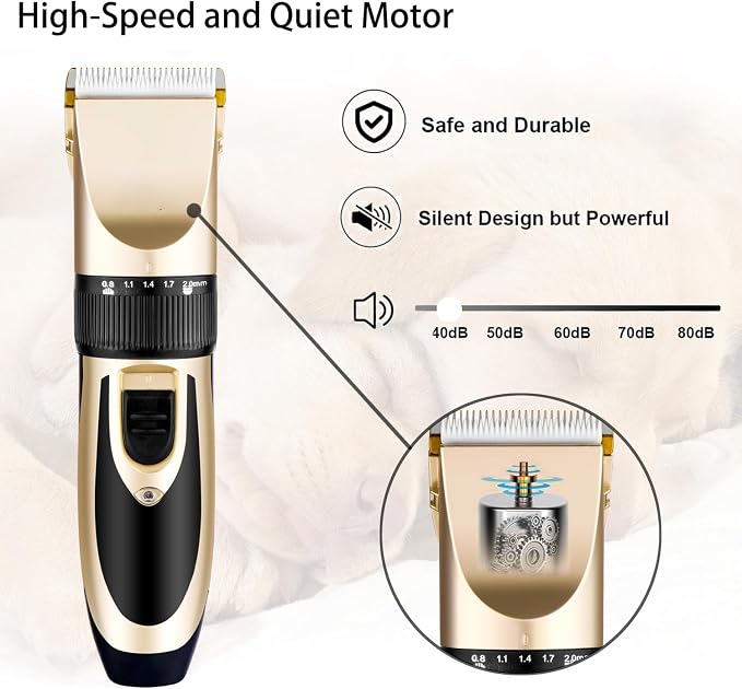 Highdas Dog Clippers for Grooming Low Noise, Cordless Electric Dog Grooming Kit Clippers Rechargeable, Quiet Dog Shaver, Pet Hair Trimmer Kit for Dogs & Cats (Gold)