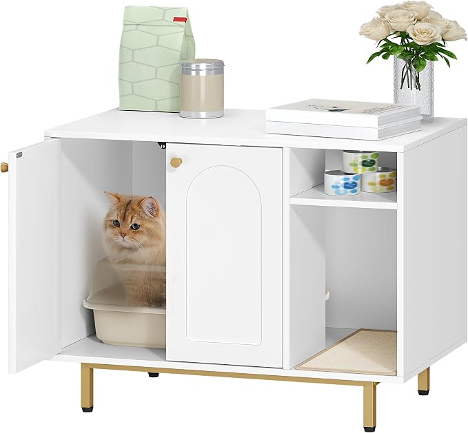 Hzuaneri Cat Litter Box Enclosure, Hidden Litter Box Furniture with Storage | Large Wooden Cabinet with Sisal Mat, Modern Cat Washroom for Living Room, Bedroom, Entryway, White and Gold 01503GCLB