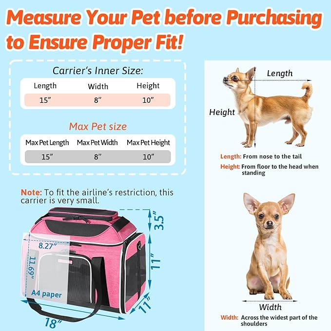 Petskd Top-Expandable Small Pet Carrier 18"x11"x11" Airline Approved | for Delta/American/United Airlines, Lockable Safety Zippers and Anti-Scratch Mesh, Soft-Sided, Pets Under 10 Lbs, Pink