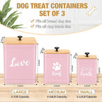 Jingmore Metal Dog Treat Containers Set of 3 with Bamboo Lids and Spoon Airtight 7+3+2 lbs Dog Food Snack Jars with DIY Labels Big Pet Cookie Storage Jar for Kitchen Counter (Pink,Funny)