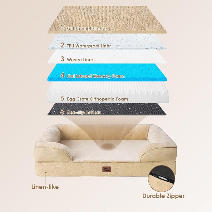 EHEYCIGA Orthopedic Dog Beds Large Sized Dog, Waterproof Washable Pet Bed | Non-Slip Bottom and Egg-Crate Memory Foam XL Dog Couch Bed with Washable Removable Cover, Greige, 41Inch