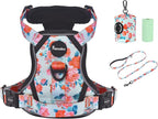 Petmolico No Pull Dog Harness Set with Leash Attachment Easy Control Handle Reflective Harness Vest Small Breed, Puppy Vest and Leash Set with Poop Bag Holder, Small - Green Flowers
