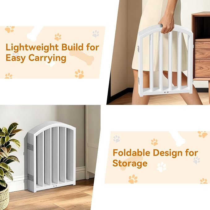 SNUOWU 16 Inch Full Metal Freestanding Short Dog Gate for Small Dogs, Foldable 4-Panel Pet Barrier, Expands Up to 48" Wide, Indoor Safety Fence for Doorway, Home & Stairs, White