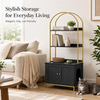 Homhedy Cat Litter Box Enclosure with 2-Tier Shelves, Black and Gold | Litter Box Furniture Hidden, Indoor Cat House, Wooden Cat Washroom Furniture with Metal Frame, Modern Style
