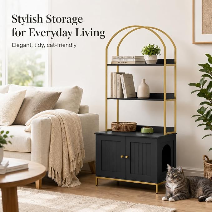 Homhedy Cat Litter Box Enclosure with 2-Tier Shelves, Black and Gold | Litter Box Furniture Hidden, Indoor Cat House, Wooden Cat Washroom Furniture with Metal Frame, Modern Style