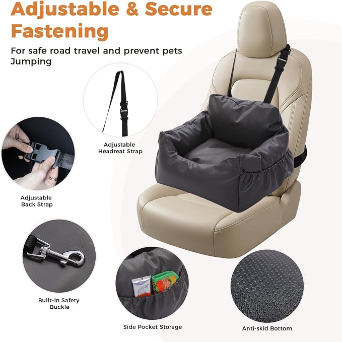 PAWZ Road Dog Car Seat for Small Medium Dogs, Waterproof Booster Bed | Dog booster car seat with dual safety belts, side storage pocket, waterproof leather, soft PP cotton for travel and home