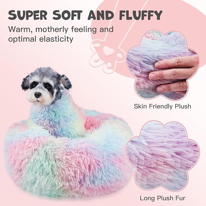Himax Covered Large Dog Bed with Blanket Attached Calming Burrow Multicolor | 35in Anti-Anxiety Donut dog bed with cover, Washable Round Fluffy Pet& Cat Beds for Indoor