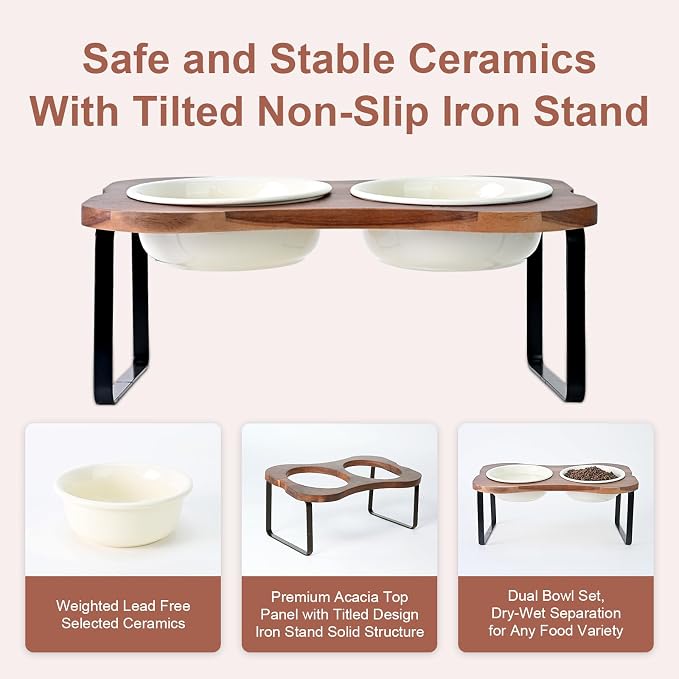 SPUNKYJUNKY Ceramic Elevated Tilted Dog Bowls Bone-Shaped Raised with 2 Height Iron Stand, 6.9'' Dog and Cat Food Water Bowls Set Non-Slip for Small Medium Sized Breed - 20 OZ,Beige