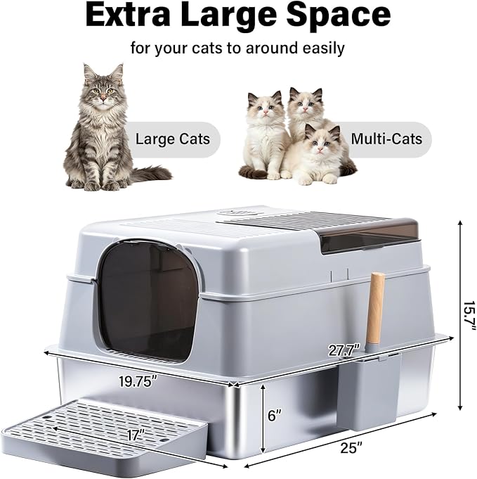 Stainless Steel Litter Box,XXXL Metal Litter Box with Lid | Extra Large Enclosed Litter Boxes for Big Cat, Anti-Urine Leakage,Easy Cleaning, No Smell, Includes Scooper and Mat