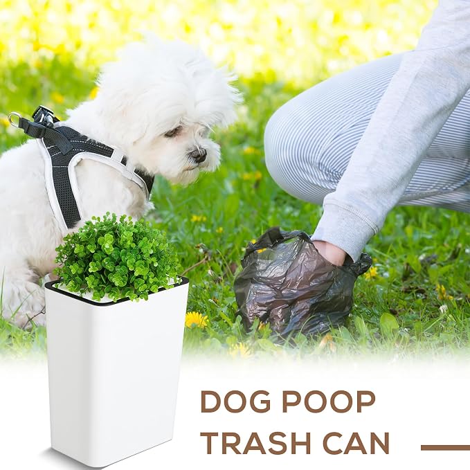 Jingmore Dog Poop Trash Can Outside 3.96 Gal/15 L Plant Styled Dog Waste Trash Can with Lid 50 Waste Bags Outdoor Indoor Poop Container Slim Garbage Bin for Yard Garden Pet (White)
