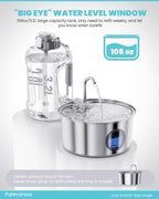 Puppyspout Stainless Steel Cat Water Fountain, Visible Window, 108 oz | Quiet operation, includes 3 filters, multi-pet drinking dispenser for indoor cats and dogs, multi-pet homes, Dishwasher Safe