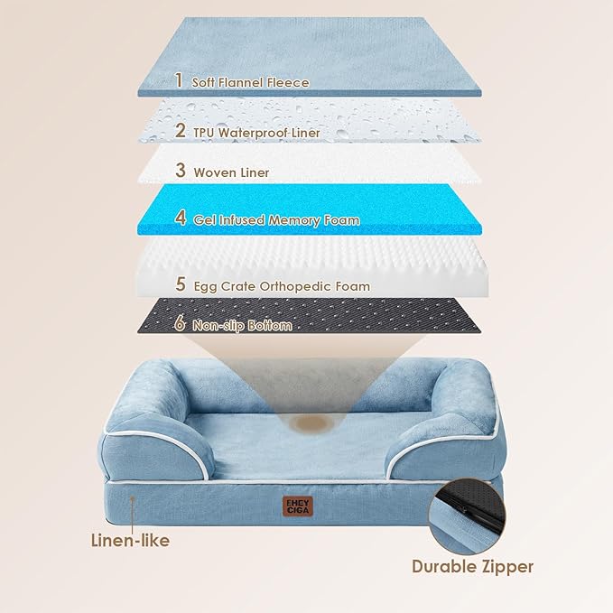 EHEYCIGA Orthopedic XXL Dog Bed, Waterproof Washable XL Big Pet Bed 52" | Non-Slip Bottom and Egg-Crate Memory Foam Extra Large Pet Couch Bed with Washable Removable Cover, Washed Blue