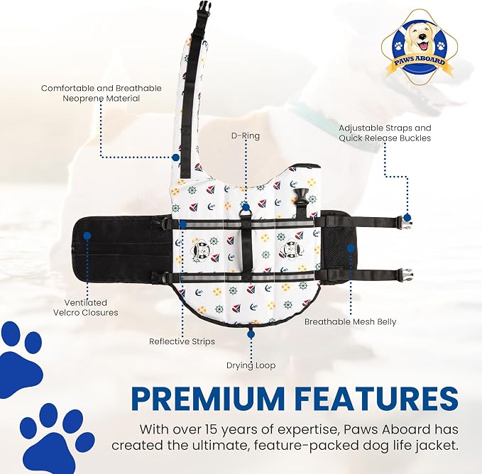 Dog Life Jacket — Premium Swim Vest with SafeChin Anti-Choke Collar | PAWS Aboard Nautical Dog | RapidLift Rescue Handle, D-Ring, Reflective Trim | Boating, Kayaking, Pool | X-Small (6–15 lbs)
