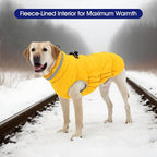 FUAMEY Dog Winter Coat Fleece Warm Large Dog Coat with Harness Built in | Dogs Cold Weather Fleece Coats Zip up Reflective Dog Winter Vest Windproof Water Resistant Snow Coats Yellow L