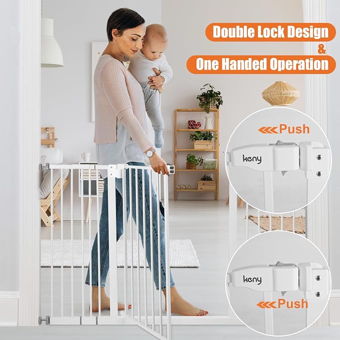 keny 29"-47.3" Extra Wide Baby Gate for Stairs, Auto Close Safety Dog Gate | Pressure Mounted No Drilling Pet Gate for Doorways, Easy Walk Through Stair Gate for Kids Todder, 30" Tall, White