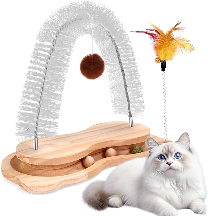Cat Self Groomer, Cat Grooming Brush Scratcher Massager Arch for Indoor Cats Face Back Scratcher Rubbing Post Corner Brush w/ Kitten Interactive Catnip Ball Track Toy for Chasing Hunting Exercise