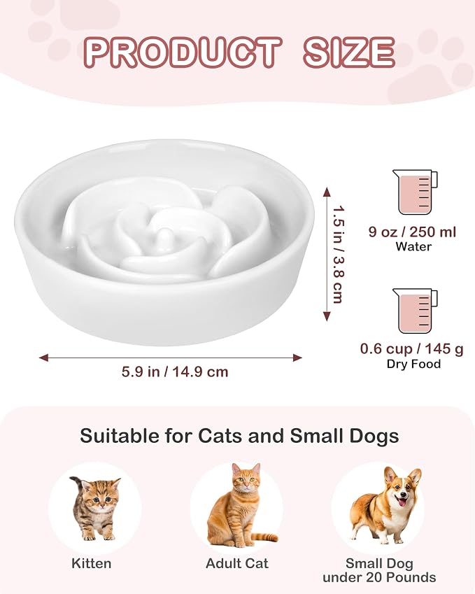 TRUVIC Ceramic Slow Feeder Dog Bowls Small Breed, 0.6 Cup Slow Feeder Cat Bowls for Fast Eaters, Ceramic Dog Food Dish no Black Chin, Puzzle Bowl for Small Dogs and Cats, White