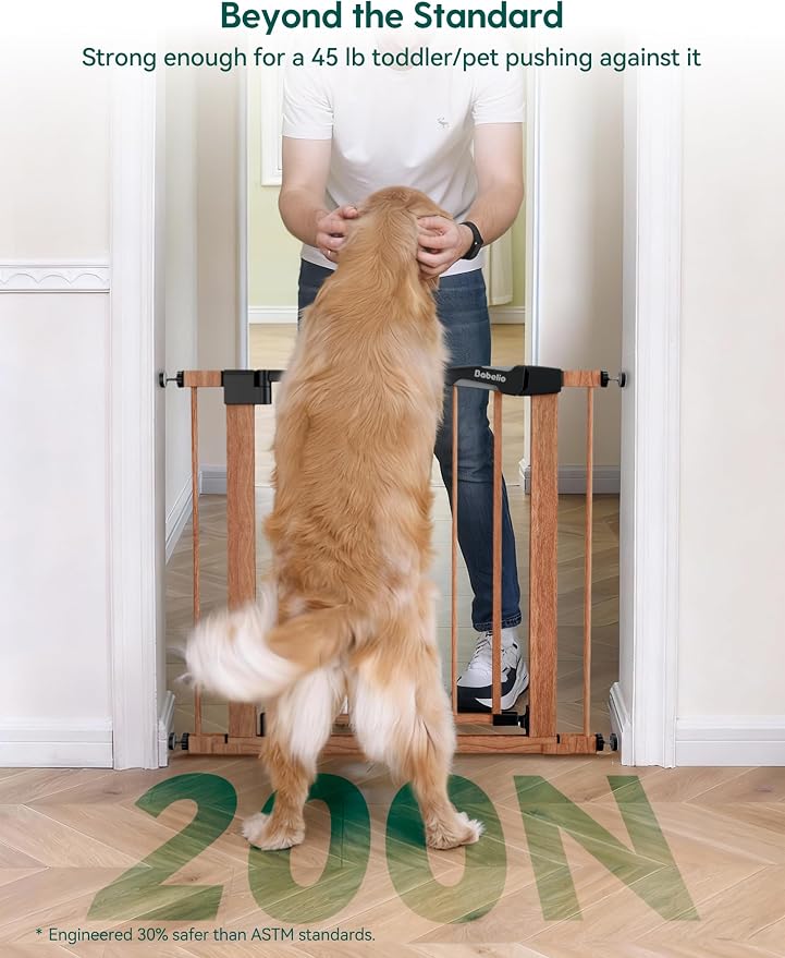 Babelio Pressure Mounted Baby Gate for Stairs, 29-48" Wide Dog Gate Indoor | Triple-lock system; Auto-close; 200N impact tested; Easy install for Doorways, Kitchen, Hallway, Brown Wood Pattern