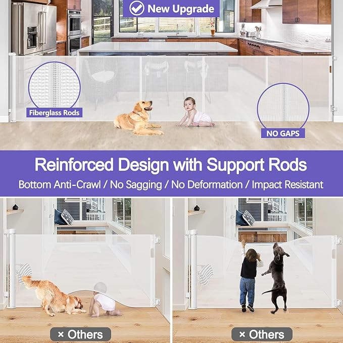 Reinforced 42" Tall Baby Gate 96" Wide Retractable Dog Gate Indoor/Outdoor | Tall Retractable Gate Prevent Crawling Under, Easy One-Hand Operation Safety Lock, Scratch-Resistant Mesh, Easy Install/White
