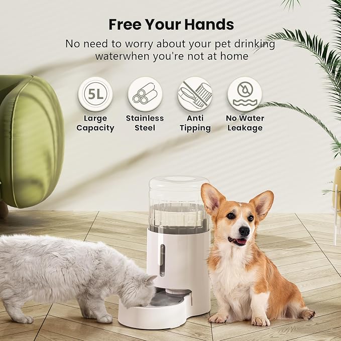 CZPET Dog Water Bowl Dispenser 5L, Wider Mouth Gravity Refilling (White) | Automatic Cat Waterer with Removable Stainless Steel Bowl, Upgraded Brush, Easy Cleaning, Large Drinking Area for Multi-Pet